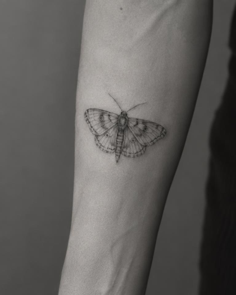 Micro-Realism Moth tattoo on Outer Forearm